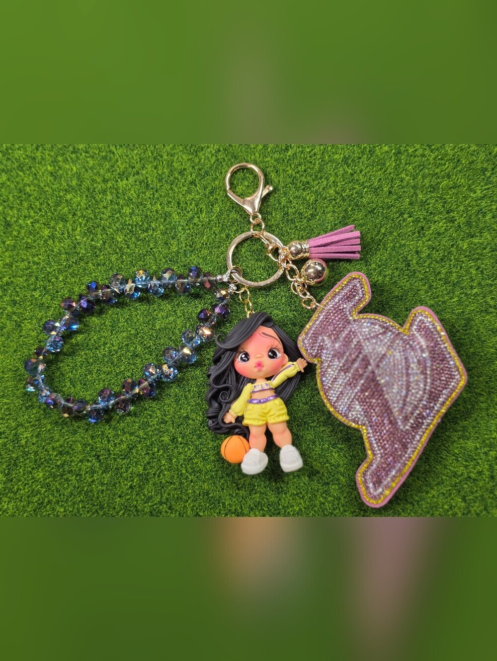 Purple Lakers Beaded Handmade Clay Doll Keychain Bag Charm